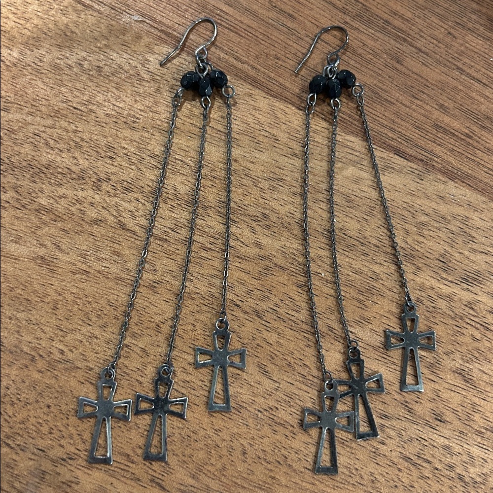 Cross Dangle Earrings Long Fringe Chains Cross Boho Gothic Chic